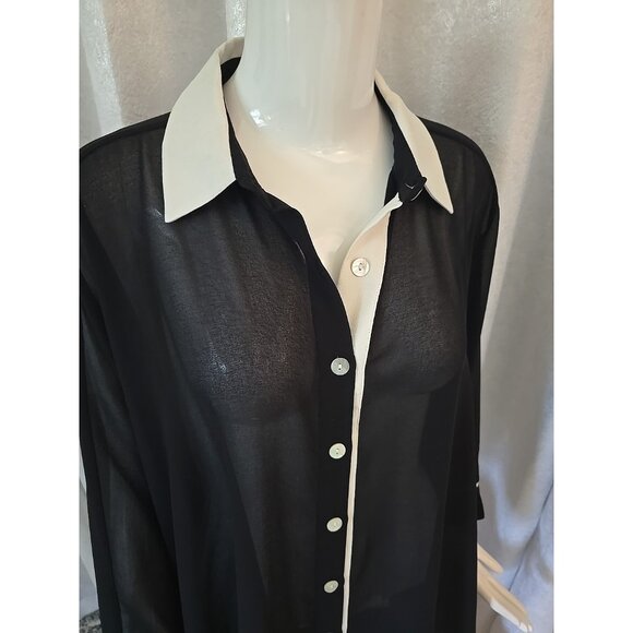 Women's Wynne Layers Black White Sheer Tuexdo Button Shirt Long Sleeve Top M - Picture 3 of 7